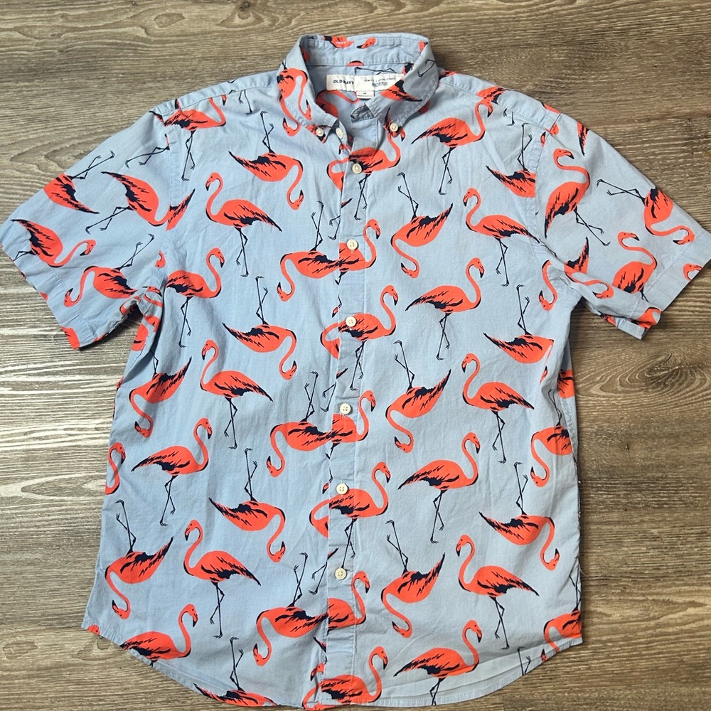 Light Blue Short-Sleeve Flamingo Print Slim Fit Stretch Cotton Shirt